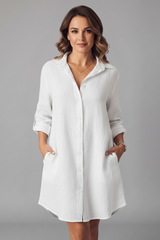 Leandra | Damen Hemdblusenkleid mit Langarm – Weiß