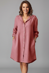 Leandra | Damen Hemdblusenkleid mit Langarm – Rosa