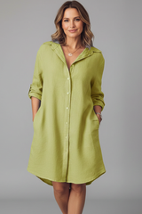 Leandra | Damen Hemdblusenkleid mit Langarm – Olivgrün