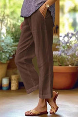 Leinen Verkürzte Damen-Hose mit geradem Bein und Umschlag – Braun