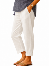 Leinen Verkürzte Damen-Hose mit geradem Bein und Umschlag – Weiß