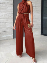Leona | Damen Zweiteiler Neckholder Crop Top Weite Hose – Rot