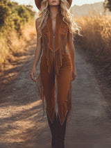 Leonie | Damen Fransen Jumpsuit mit Reißverschluss – Braun