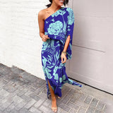 Leonie | Damen One-Shoulder Blumenprint Maxikleid – Blau