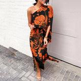 Leonie | Damen One-Shoulder Blumenprint Maxikleid – Orange