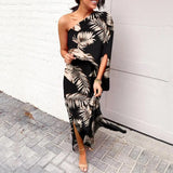 Leonie | Damen One-Shoulder Blumenprint Maxikleid – Dunkelgrün