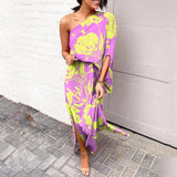 Leonie | Damen One-Shoulder Blumenprint Maxikleid – Lila