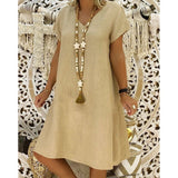 Leonora | Damen V-Ausschnitt Kurzarm Mini Kleid – Khaki