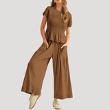 Lillian | Damen Kurzarm Zweiteiler Set Weite Hose – Braun