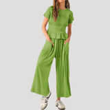 Lillian | Damen Kurzarm Zweiteiler Set Weite Hose – Grün