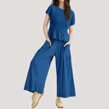 Lillian | Damen Kurzarm Zweiteiler Set Weite Hose – Blau