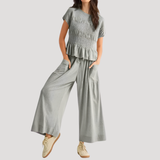 Lillian | Damen Kurzarm Zweiteiler Set Weite Hose – Grau