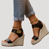 Linnea | Damen Plateau Sandalen mit Keilabsatz und Knöchelriemen – Schwarz