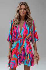 Linnea | Damen Wickel Mini Kleid mit Taillengürtel – Mehrfarbig