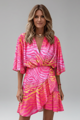 Linnea | Damen Wickel Mini Kleid mit Taillengürtel – Rosa