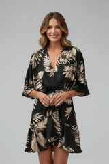 Linnea | Damen Wickel Mini Kleid mit Taillengürtel – Schwarz