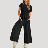 Lirette | Damen Zweiteiler Peplum Top Weite Hose Set – Schwarz