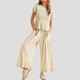 Lirette | Damen Zweiteiler Peplum Top Weite Hose Set – Aprikose