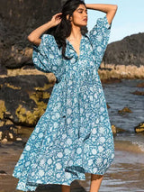 Damenkleid – Viskose – Boho-Blumenmuster – Sommerstil – Blau