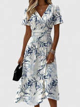 Lorelei | Damen Wickelkleid Blätterprint Midi Kleid – Weiß