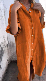 Tezra – Elegantes Hemdkleid aus Leinen mit Knopfleiste – Orange