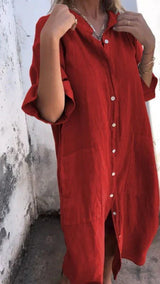 Tezra – Elegantes Hemdkleid aus Leinen mit Knopfleiste – Rot