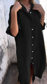 Tezra – Elegantes Hemdkleid aus Leinen mit Knopfleiste – Schwarz