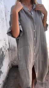 Tezra – Elegantes Hemdkleid aus Leinen mit Knopfleiste – Grau