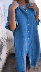 Tezra – Elegantes Hemdkleid aus Leinen mit Knopfleiste – Blau