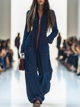 Lucasta | Damen Overall mit Weitem Bein und Langarm – Dunkelblau