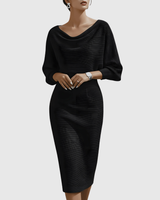 Lucinda | Damen Wasserfallkragen Midi Kleid – Schwarz