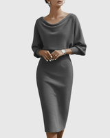 Lucinda | Damen Wasserfallkragen Midi Kleid – Grau