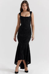Schulterfreies Spitzen-Abendkleid mit figurbetonter Passform – Schwarz