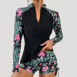 Lysandra | Damen Langarm Blumen Badeanzug Set – Rosa