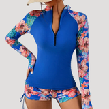 Lysandra | Damen Langarm Blumen Badeanzug Set – Blau