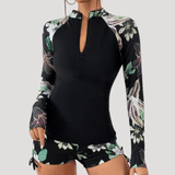 Lysandra | Damen Langarm Blumen Badeanzug Set – Grün