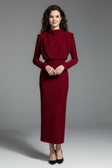 Lysithea | Damen Rollkragen Langarm Maxikleid – Weinrot