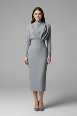 Lysithea | Damen Rollkragen Langarm Maxikleid – Grau