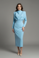 Lysithea | Damen Rollkragen Langarm Maxikleid – Hellblau