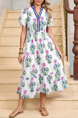 Tessa | Boho Midi-Kleid mit Volant und Puffärmeln – Weiß