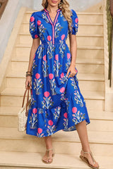Tessa | Boho Midi-Kleid mit Volant und Puffärmeln – Himmelblau