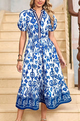 Tessa | Boho Midi-Kleid mit Volant und Puffärmeln – Blau