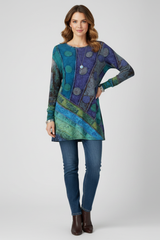 Magdalena | Damen Langarm Tunika mit Patchwork Muster – Blau