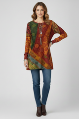 Magdalena | Damen Langarm Tunika mit Patchwork Muster – Grün