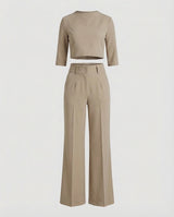 Maiken | Damen Zweiteiler Crop Top Weite Hose Set – Khaki