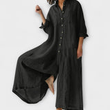 Soreya – Weiter Jumpsuit mit Hemdkragen – Schwarz