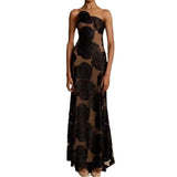 Elegantes langes Kleid aus geblümtem Mesh – Schwarz