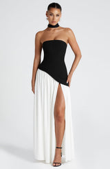 Sonja - Damen Abendkleid trägerlos mit asymmetrischer Taille – Schwarz