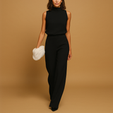 Marceline | Damen Ärmellos Stehkragen Weites Bein Jumpsuit – Schwarz