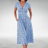 Margot | Damen V-Ausschnitt Blumenmuster Midikleid – Blau